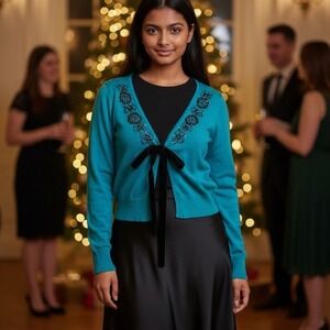 Modern Images Womens M sequined Embroidered Cardigan velvet Ribbon Tie old money